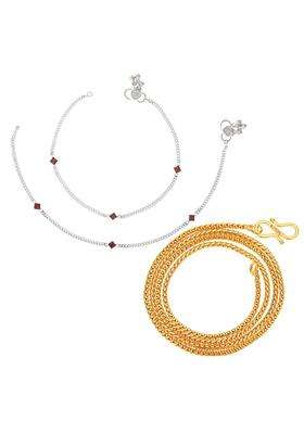 Set of 2 Silver-Plated Anklets with Gold-Plated Chain Jewellery Set for Women | Traditional Temple Jewellery for Wedding & Festive Wear | Gift for Her