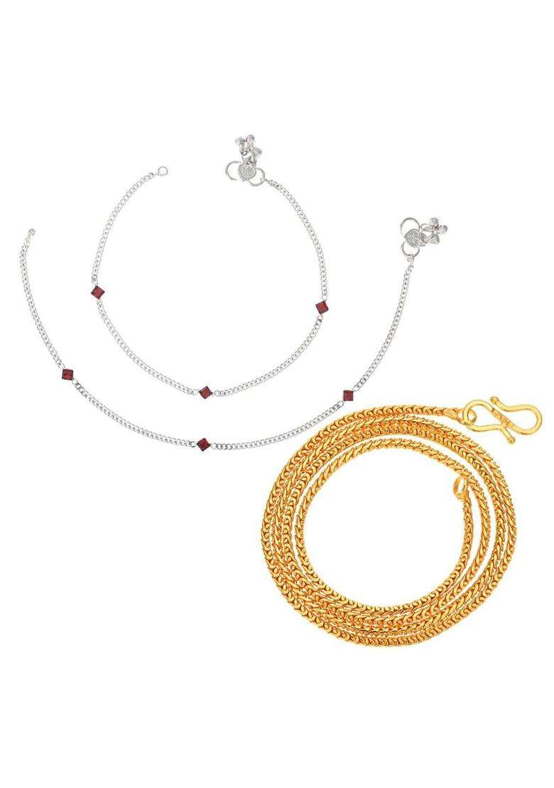 Set of 2 Silver-Plated Anklets with Gold-Plated Chain Jewellery Set for Women | Traditional Temple Jewellery for Wedding & Festive Wear | Gift for Her - Indya
