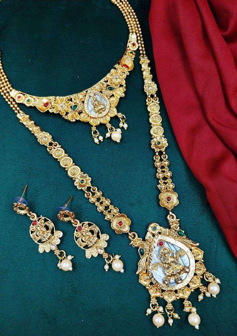 Gold-Plated Stone-Studded & Beaded Temple Jewellery Set for Women | Traditional Temple Jewellery for Wedding & Festive Wear | Gift for Her - Indya