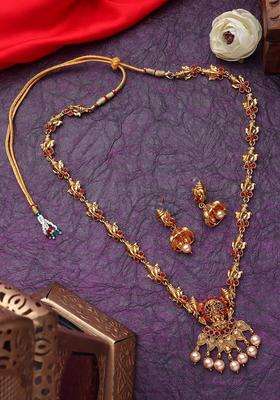 Gold-Plated Stone-Studded & Pearls Beaded Jewellery Set for Women | Traditional Temple Jewellery for Wedding & Festive Wear | Gift for Her