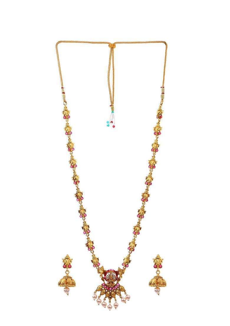 Gold-Plated Stone-Studded & Pearls Beaded Jewellery Set for Women | Traditional Temple Jewellery for Wedding & Festive Wear | Gift for Her - Indya