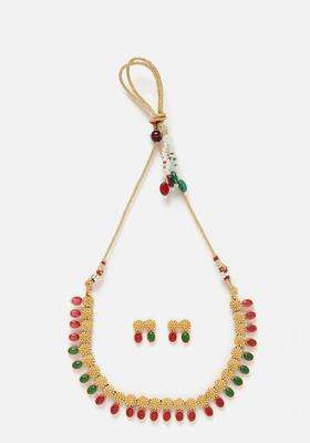 Gold-Plated Cubic Zirconia Studded Floral Jewellery Set for Women | Traditional Temple Jewellery for Wedding & Festive Wear | Gift for Her