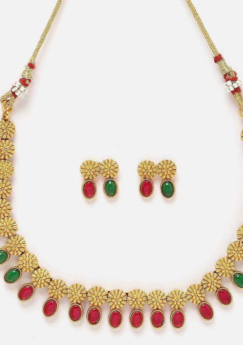 Gold-Plated Cubic Zirconia Studded Floral Jewellery Set for Women | Traditional Temple Jewellery for Wedding & Festive Wear | Gift for Her - Indya