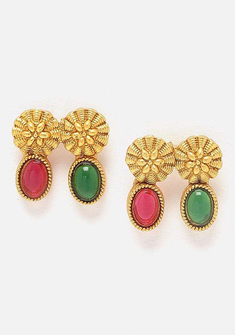 Gold-Plated Cubic Zirconia Studded Floral Jewellery Set for Women | Traditional Temple Jewellery for Wedding & Festive Wear | Gift for Her - Indya