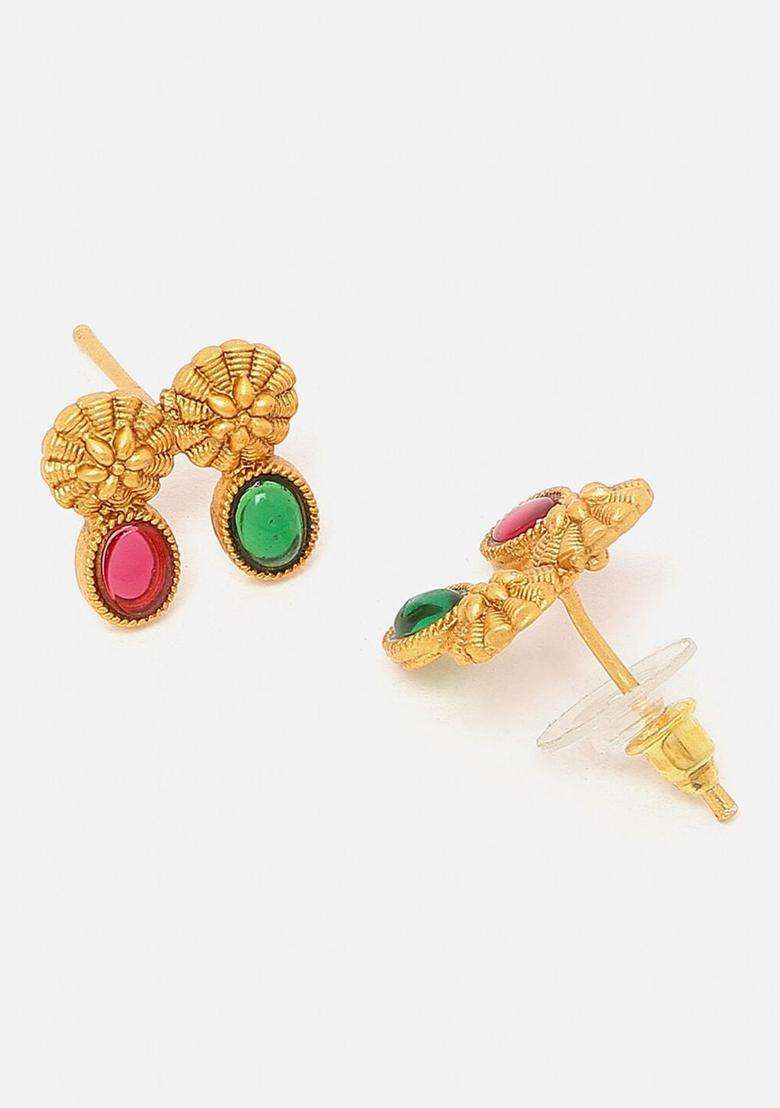 Gold-Plated Cubic Zirconia Studded Floral Jewellery Set for Women | Traditional Temple Jewellery for Wedding & Festive Wear | Gift for Her - Indya
