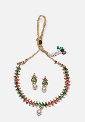 Gold-Plated Cubic Zirconia -Studded & Beaded Paisley Shaped Jewellery Set for Women | Traditional Temple Jewellery for Wedding & Festive Wear | Gift for Her
