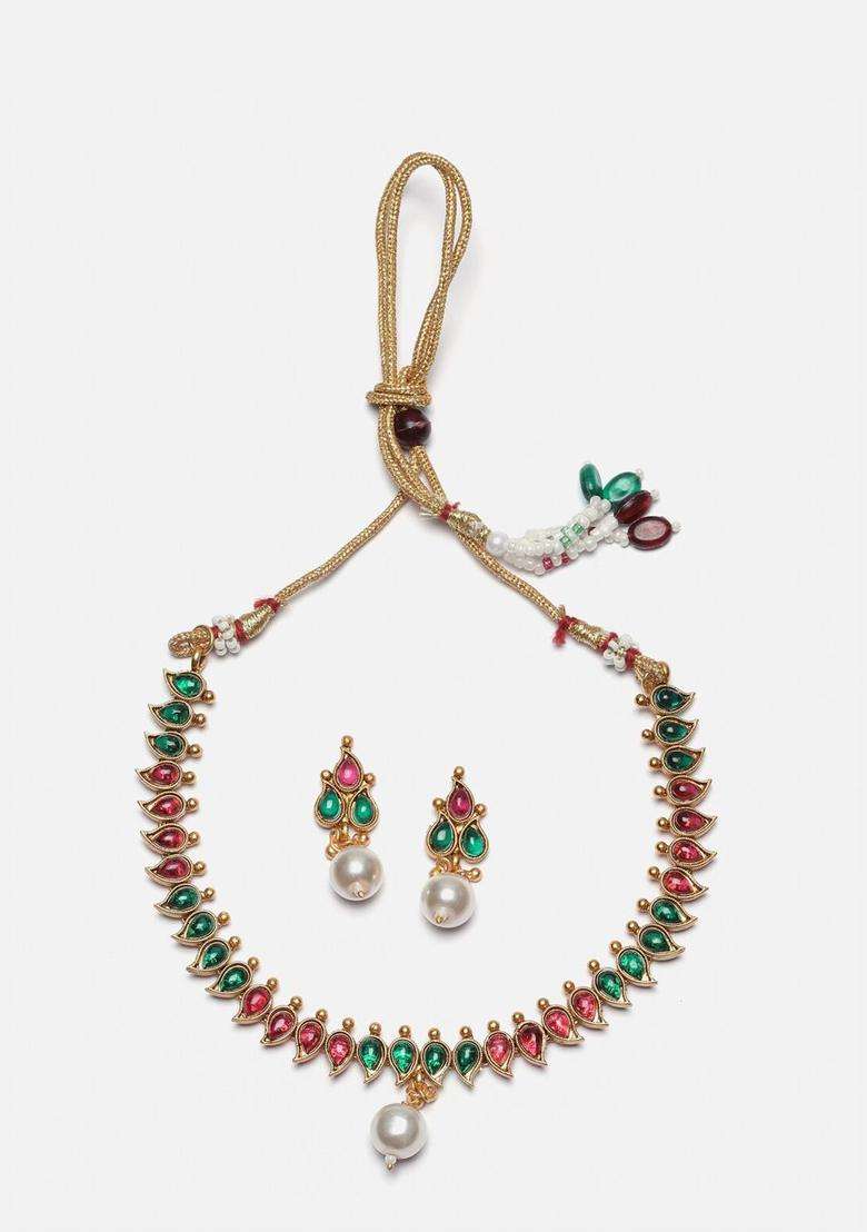 Gold-Plated Cubic Zirconia -Studded & Beaded Paisley Shaped Jewellery Set for Women | Traditional Temple Jewellery for Wedding & Festive Wear | Gift for Her - Indya