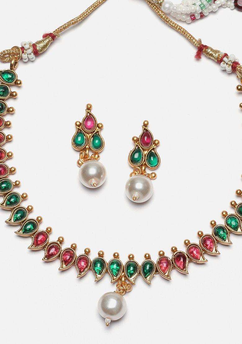 Gold-Plated Cubic Zirconia -Studded & Beaded Paisley Shaped Jewellery Set for Women | Traditional Temple Jewellery for Wedding & Festive Wear | Gift for Her - Indya