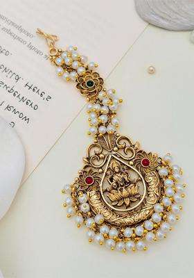 Gold-Plated Stones Studded & Beaded Temple Maang Tikka Head Jewellery for Women | Traditional Temple Jewellery for Wedding & Festive Wear | Gift for Her