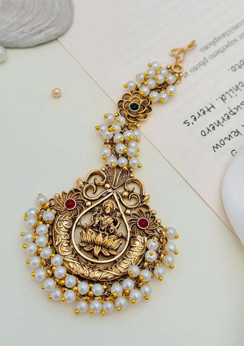 Gold-Plated Stones Studded & Beaded Temple Maang Tikka Head Jewellery for Women | Traditional Temple Jewellery for Wedding & Festive Wear | Gift for Her - Indya