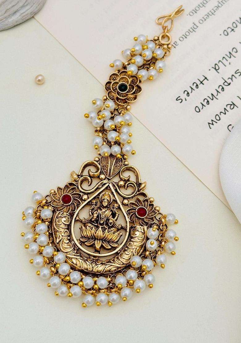 Gold-Plated Stones Studded & Beaded Temple Maang Tikka Head Jewellery for Women | Traditional Temple Jewellery for Wedding & Festive Wear | Gift for Her - Indya