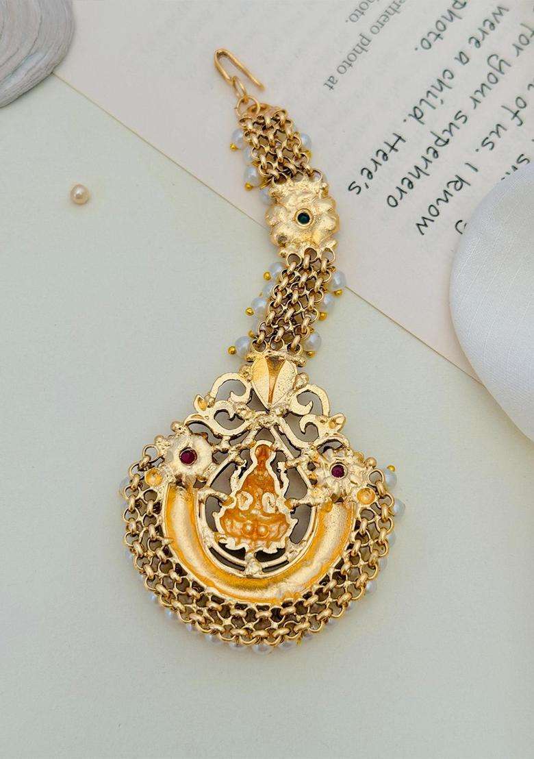Gold-Plated Stones Studded & Beaded Temple Maang Tikka Head Jewellery for Women | Traditional Temple Jewellery for Wedding & Festive Wear | Gift for Her - Indya