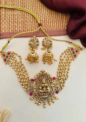 Gold-Plated Artificial Stones & Beads Studded & Beaded Temple Jewellery Set for Women | Traditional Temple Jewellery for Wedding & Festive Wear | Gift for Her