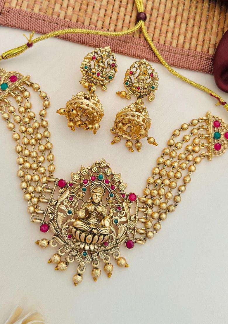 Gold-Plated Artificial Stones & Beads Studded & Beaded Temple Jewellery Set for Women | Traditional Temple Jewellery for Wedding & Festive Wear | Gift for Her - Indya