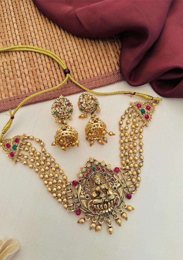 Gold-Plated Artificial Stones & Beads Studded & Beaded Temple Jewellery Set for Women | Traditional Temple Jewellery for Wedding & Festive Wear | Gift for Her - Indya
