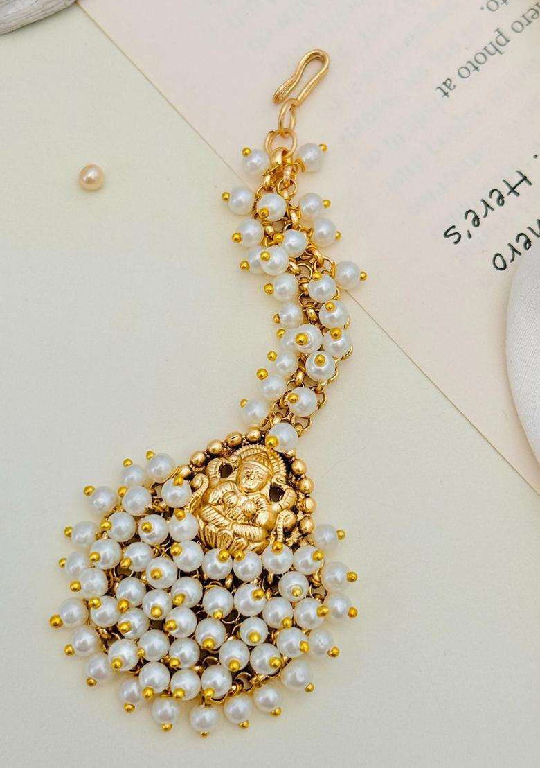 Gold-Plated Stones and Beaded Studded Maang Tikka Head Jewellery for Women | Traditional Temple Jewellery for Wedding & Festive Wear | Gift for Her - Indya