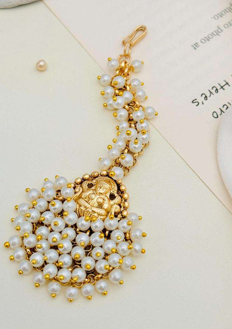 Gold-Plated Stones and Beaded Studded Maang Tikka Head Jewellery for Women | Traditional Temple Jewellery for Wedding & Festive Wear | Gift for Her - Indya