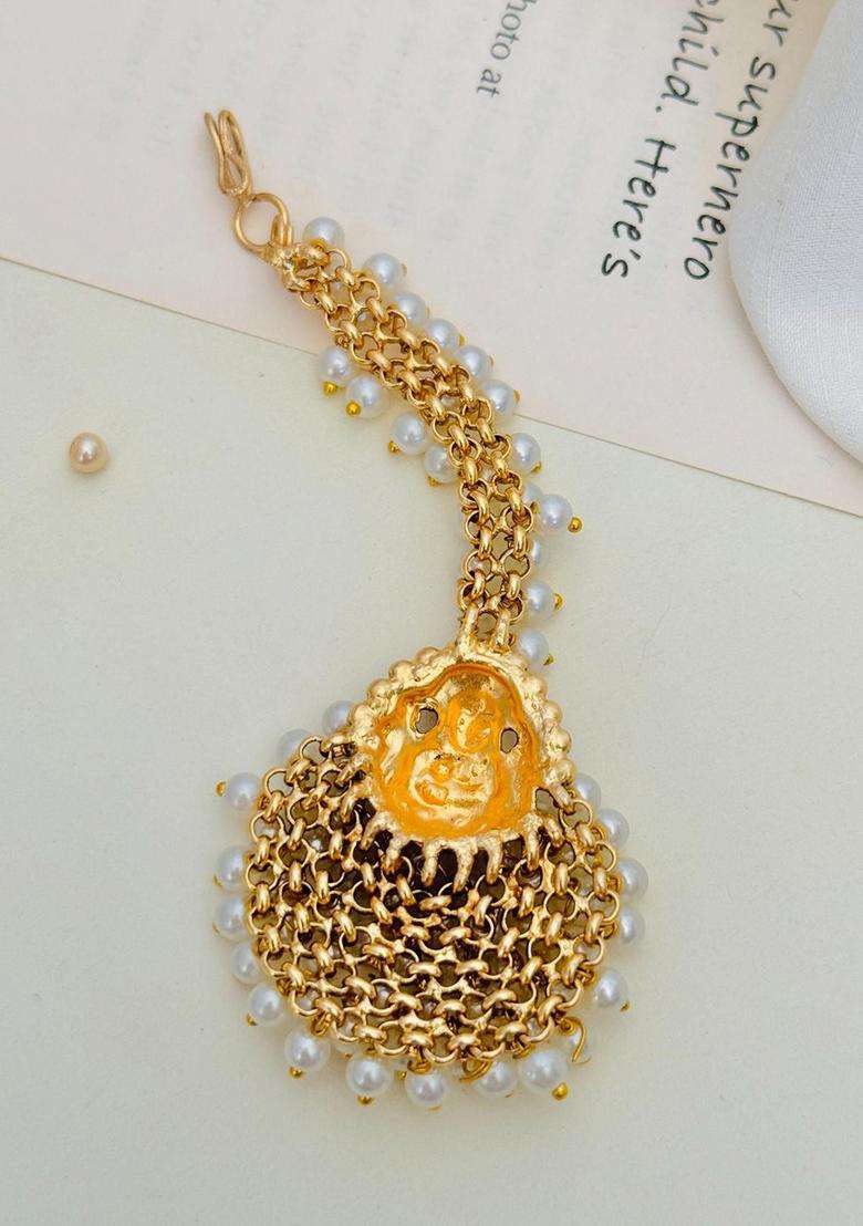 Gold-Plated Stones and Beaded Studded Maang Tikka Head Jewellery for Women | Traditional Temple Jewellery for Wedding & Festive Wear | Gift for Her - Indya
