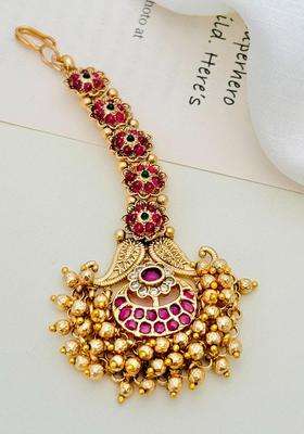 Gold-Plated Stones Studded & Beaded Temple Maang Tikka Head Jewellery for Women | Traditional Temple Jewellery for Wedding & Festive Wear | Gift for Her