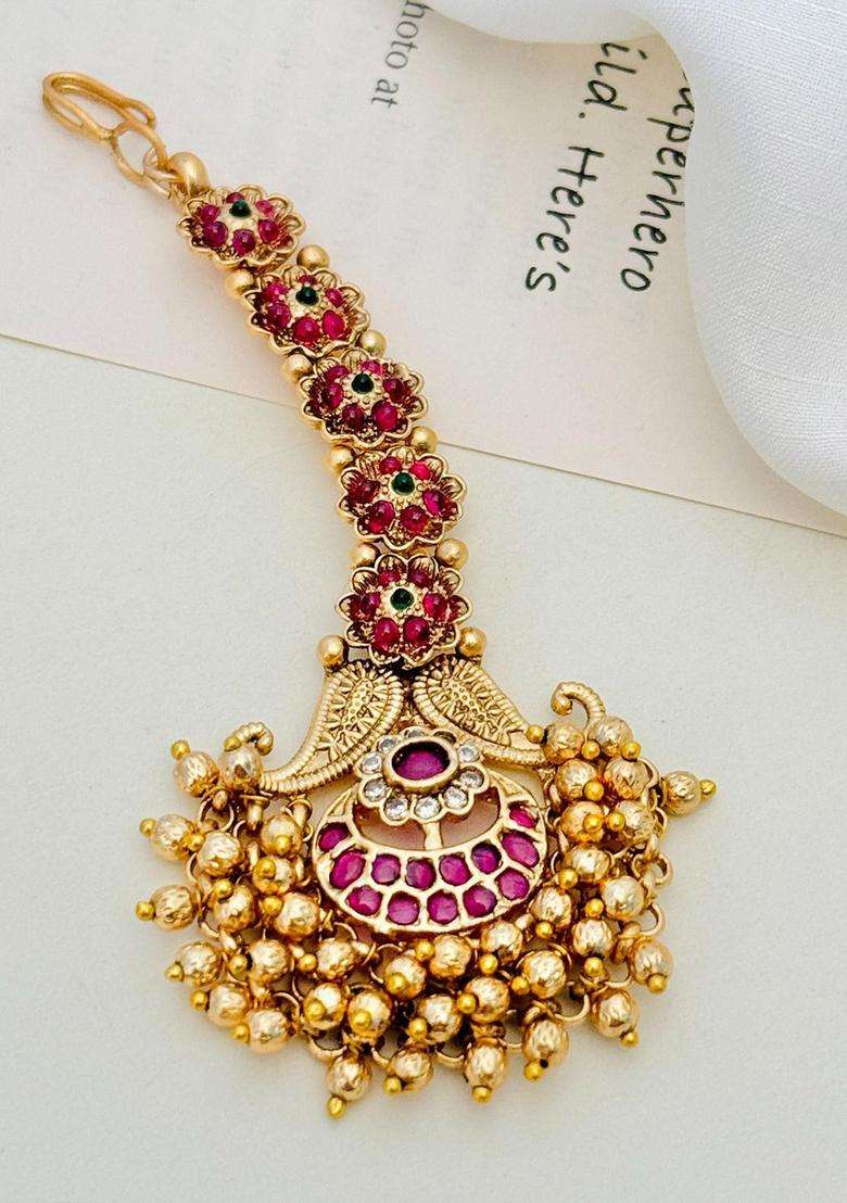 Gold-Plated Stones Studded & Beaded Temple Maang Tikka Head Jewellery for Women | Traditional Temple Jewellery for Wedding & Festive Wear | Gift for Her - Indya