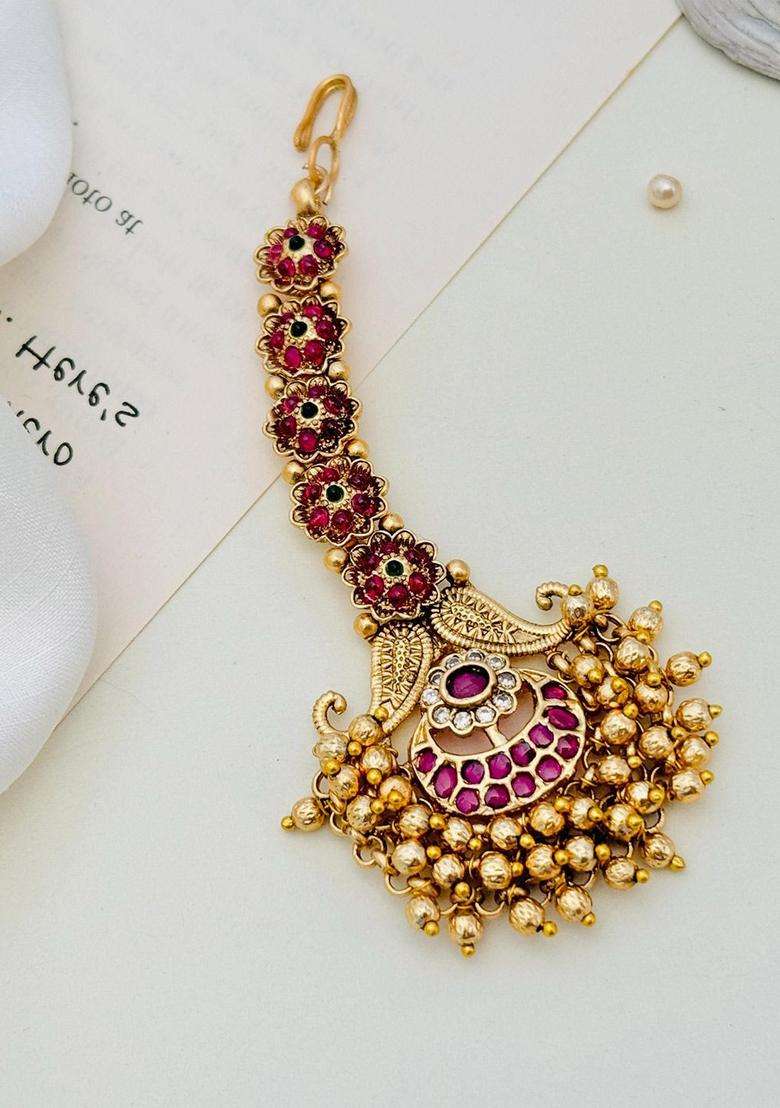 Gold-Plated Stones Studded & Beaded Temple Maang Tikka Head Jewellery for Women | Traditional Temple Jewellery for Wedding & Festive Wear | Gift for Her - Indya
