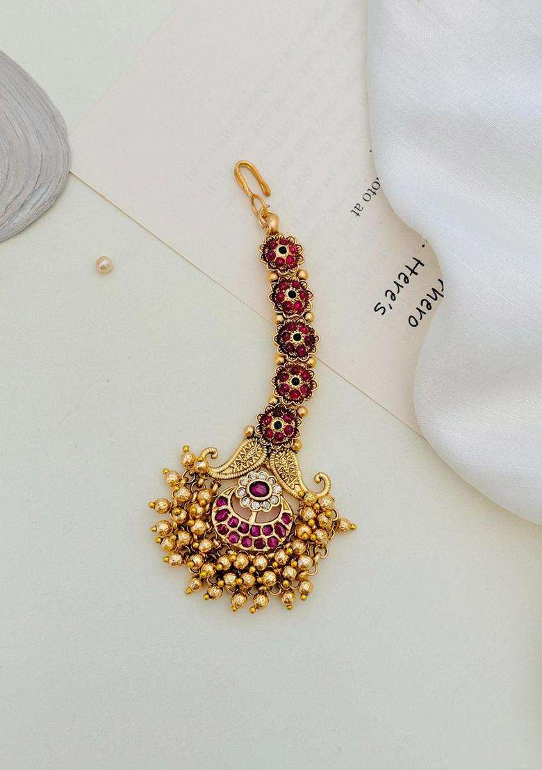 Gold-Plated Stones Studded & Beaded Temple Maang Tikka Head Jewellery for Women | Traditional Temple Jewellery for Wedding & Festive Wear | Gift for Her - Indya