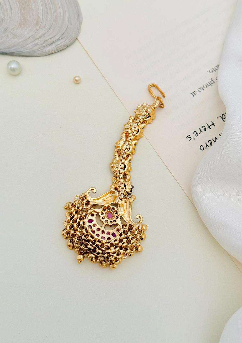 Gold-Plated Stones Studded & Beaded Temple Maang Tikka Head Jewellery for Women | Traditional Temple Jewellery for Wedding & Festive Wear | Gift for Her - Indya