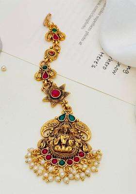 Gold-Plated Stones Studded & Beaded Temple Maang Tikka for Women | Traditional Temple Jewellery for Wedding & Festive Wear | Gift for Her