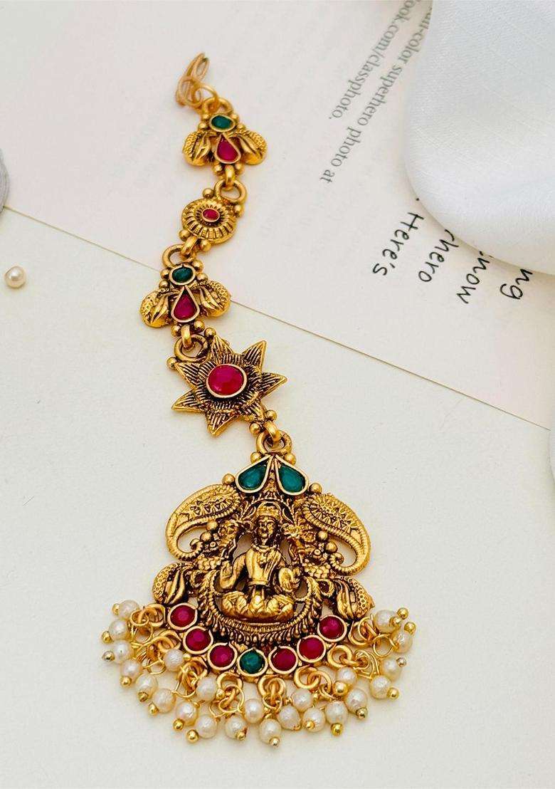 Gold-Plated Stones Studded & Beaded Temple Maang Tikka for Women | Traditional Temple Jewellery for Wedding & Festive Wear | Gift for Her - Indya