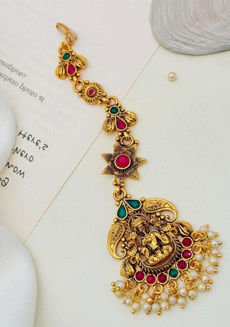 Gold-Plated Stones Studded & Beaded Temple Maang Tikka for Women | Traditional Temple Jewellery for Wedding & Festive Wear | Gift for Her - Indya