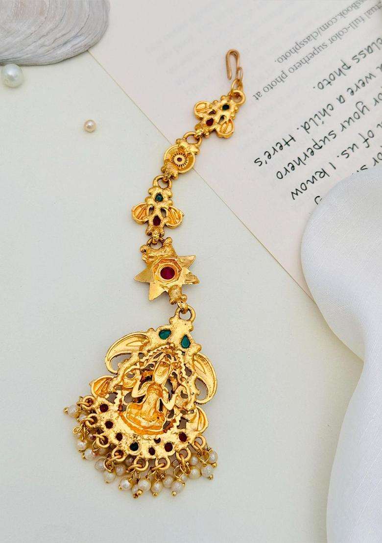 Gold-Plated Stones Studded & Beaded Temple Maang Tikka for Women | Traditional Temple Jewellery for Wedding & Festive Wear | Gift for Her - Indya