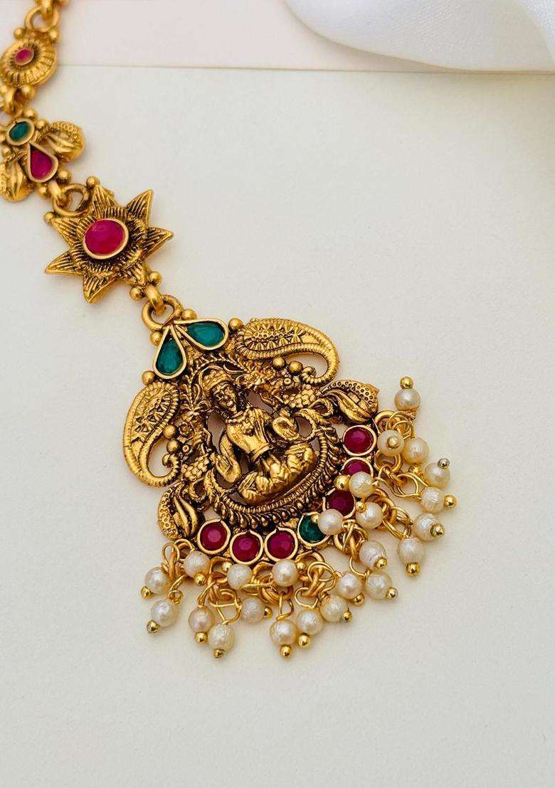 Gold-Plated Stones Studded & Beaded Temple Maang Tikka for Women | Traditional Temple Jewellery for Wedding & Festive Wear | Gift for Her - Indya