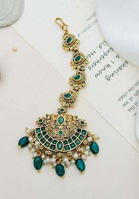 Gold-Plated Stone Studded and Beaded Temple Maang Tikka for Women | Traditional Temple Jewellery for Wedding & Festive Wear | Gift for Her