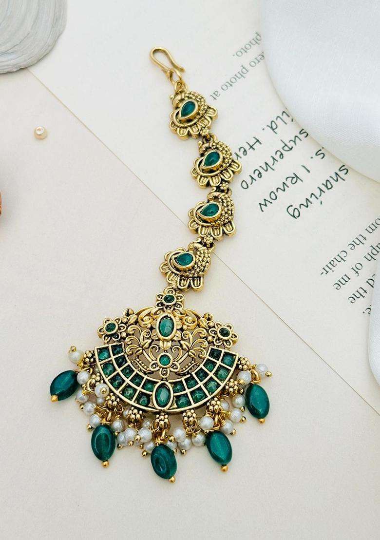 Gold-Plated Stone Studded and Beaded Temple Maang Tikka for Women | Traditional Temple Jewellery for Wedding & Festive Wear | Gift for Her - Indya