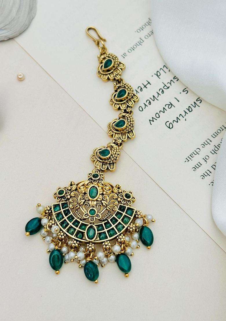 Gold-Plated Stone Studded and Beaded Temple Maang Tikka for Women | Traditional Temple Jewellery for Wedding & Festive Wear | Gift for Her - Indya