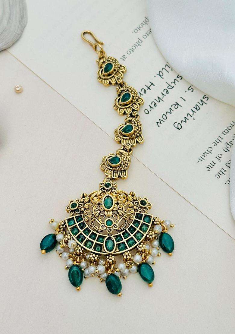 Gold-Plated Stone Studded and Beaded Temple Maang Tikka for Women | Traditional Temple Jewellery for Wedding & Festive Wear | Gift for Her - Indya