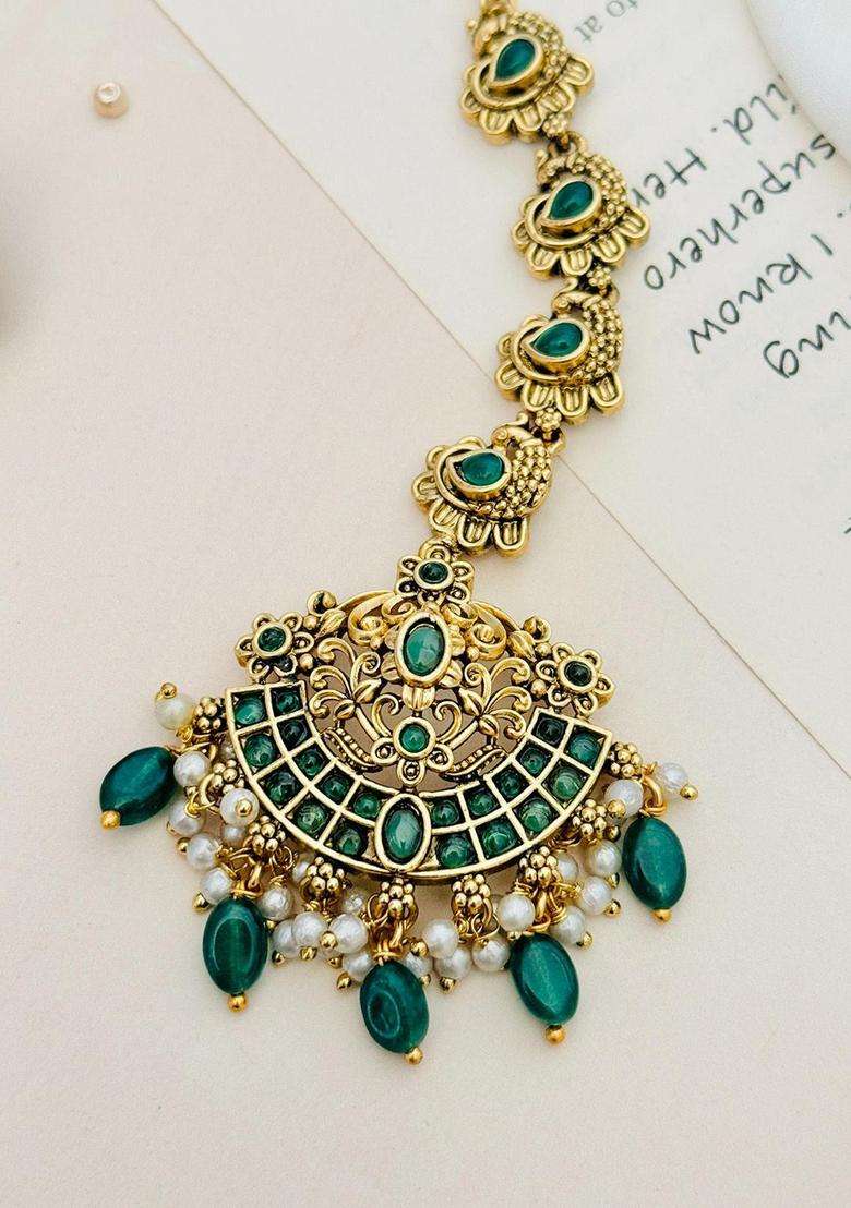 Gold-Plated Stone Studded and Beaded Temple Maang Tikka for Women | Traditional Temple Jewellery for Wedding & Festive Wear | Gift for Her - Indya