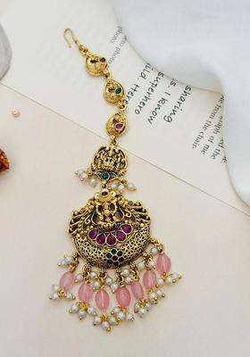 Gold-Plated Stone Studded and Beaded Temple Maang Tikka for Women | Traditional Temple Jewellery for Wedding & Festive Wear | Gift for Her