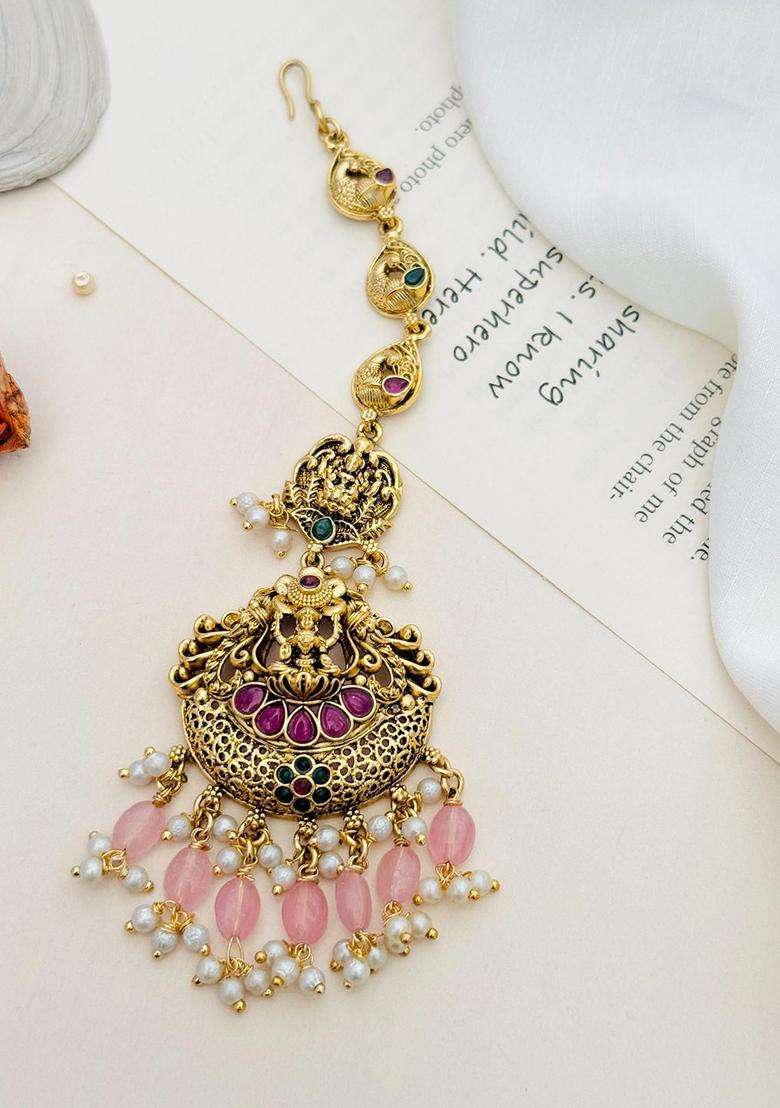 Gold-Plated Stone Studded and Beaded Temple Maang Tikka for Women | Traditional Temple Jewellery for Wedding & Festive Wear | Gift for Her - Indya