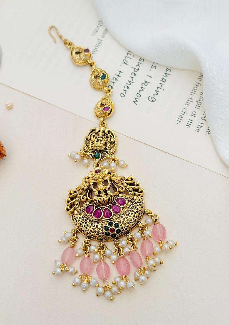 Gold-Plated Stone Studded and Beaded Temple Maang Tikka for Women | Traditional Temple Jewellery for Wedding & Festive Wear | Gift for Her - Indya