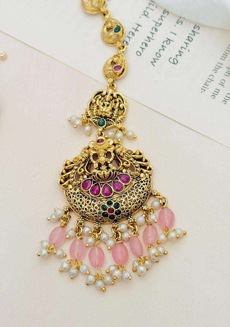 Gold-Plated Stone Studded and Beaded Temple Maang Tikka for Women | Traditional Temple Jewellery for Wedding & Festive Wear | Gift for Her - Indya