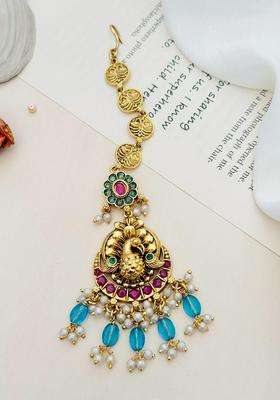 Gold-Plated Stone Studded and Beaded Temple Maang Tikka for Women | Traditional Temple Jewellery for Wedding & Festive Wear | Gift for Her