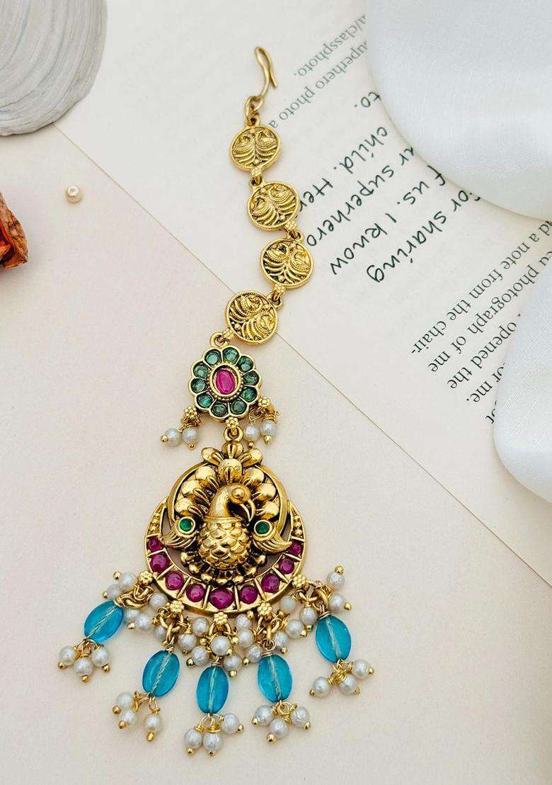 Gold-Plated Stone Studded and Beaded Temple Maang Tikka for Women | Traditional Temple Jewellery for Wedding & Festive Wear | Gift for Her - Indya