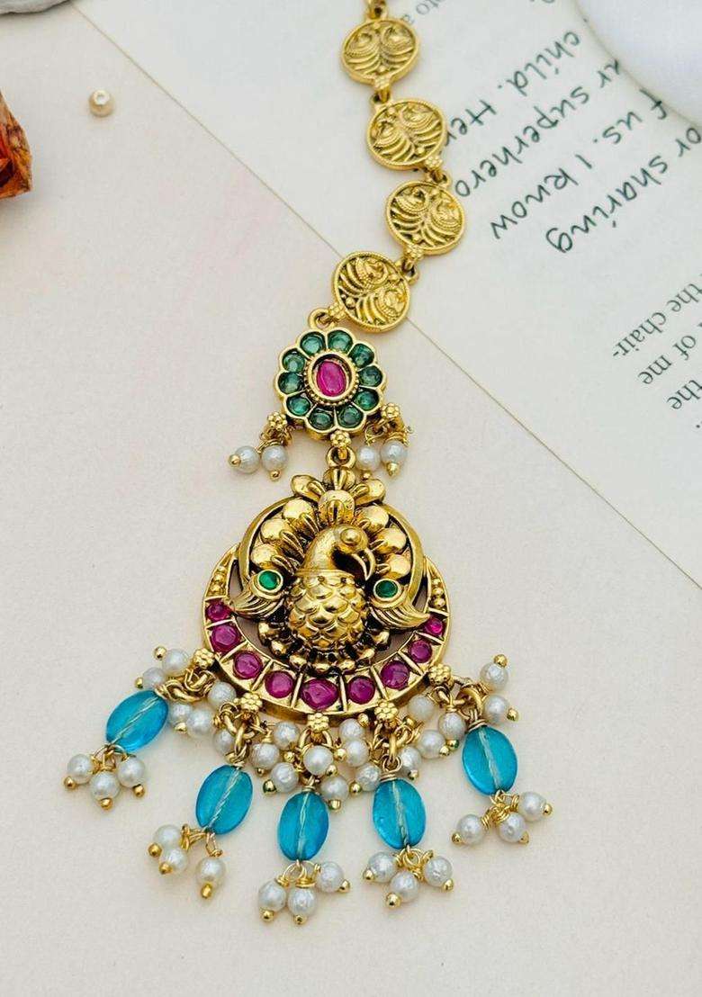 Gold-Plated Stone Studded and Beaded Temple Maang Tikka for Women | Traditional Temple Jewellery for Wedding & Festive Wear | Gift for Her - Indya