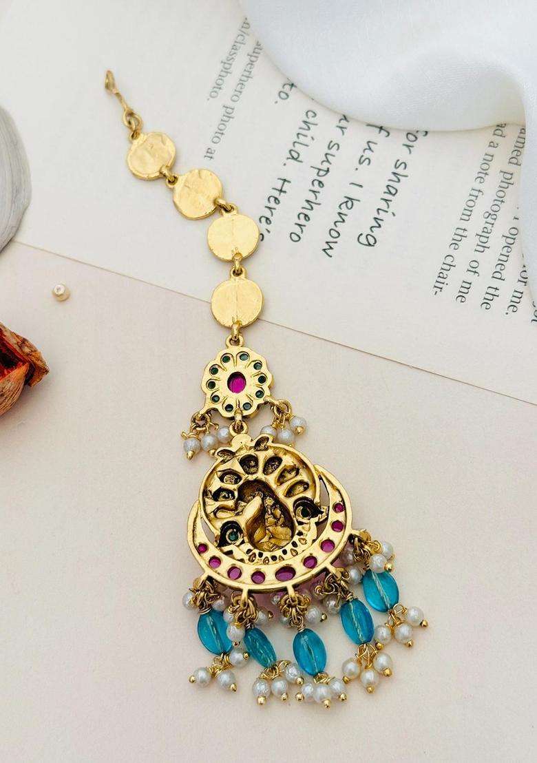 Gold-Plated Stone Studded and Beaded Temple Maang Tikka for Women | Traditional Temple Jewellery for Wedding & Festive Wear | Gift for Her - Indya