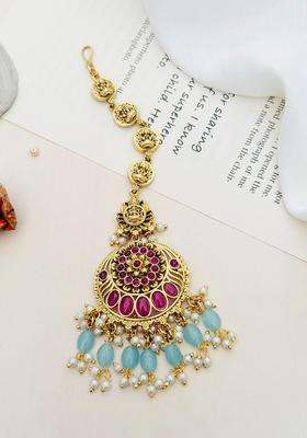 Gold-Plated Stone Studded and Beaded Temple Maang Tikka for Women | Traditional Temple Jewellery for Wedding & Festive Wear | Gift for Her