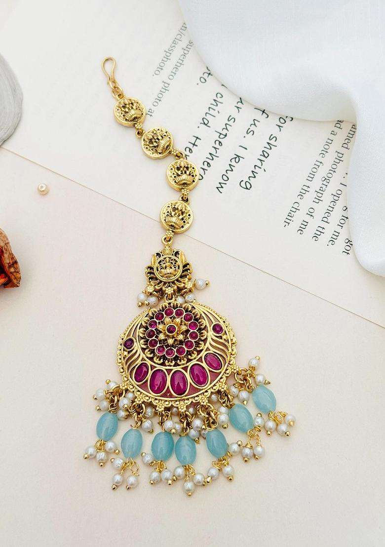 Gold-Plated Stone Studded and Beaded Temple Maang Tikka for Women | Traditional Temple Jewellery for Wedding & Festive Wear | Gift for Her - Indya
