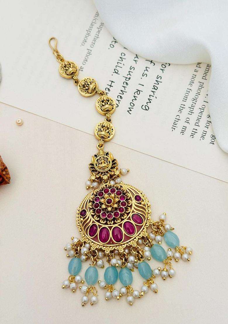 Gold-Plated Stone Studded and Beaded Temple Maang Tikka for Women | Traditional Temple Jewellery for Wedding & Festive Wear | Gift for Her - Indya