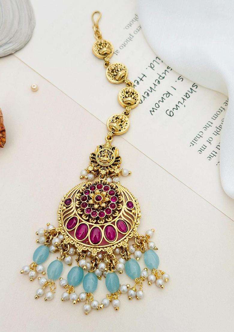 Gold-Plated Stone Studded and Beaded Temple Maang Tikka for Women | Traditional Temple Jewellery for Wedding & Festive Wear | Gift for Her - Indya
