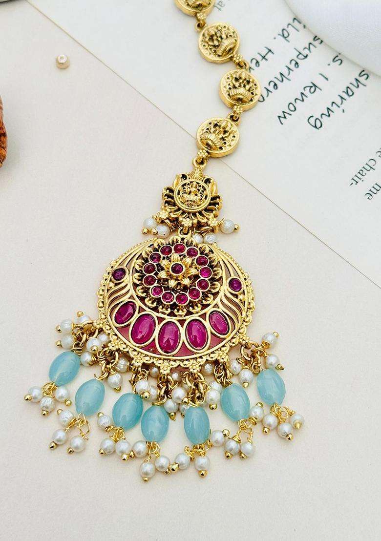 Gold-Plated Stone Studded and Beaded Temple Maang Tikka for Women | Traditional Temple Jewellery for Wedding & Festive Wear | Gift for Her - Indya